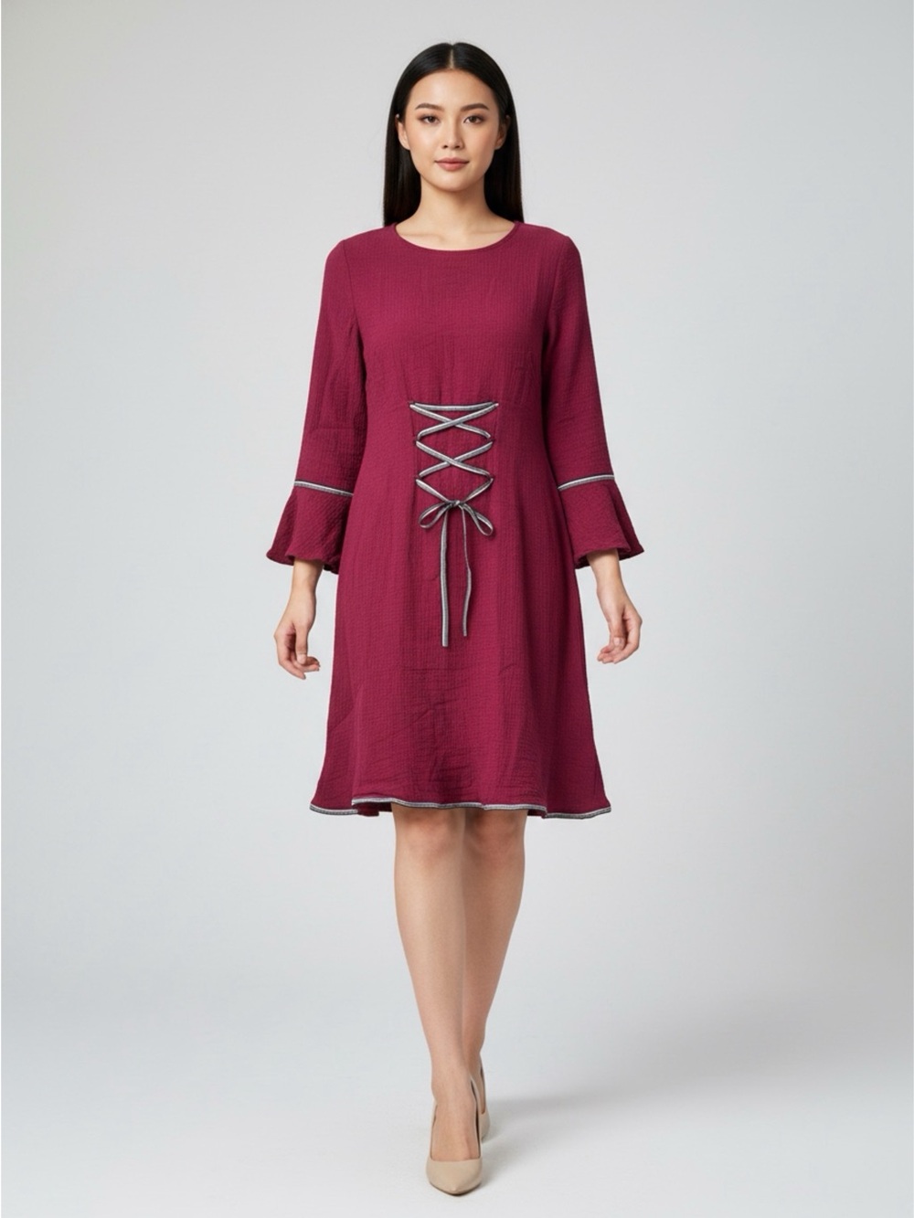 Women's Burgundy Cotton Lace-Up A-Line Dress
